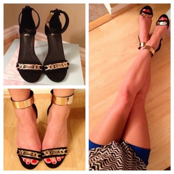 Jeffrey Campbell Malice Shoe "F-u-c-k Off" Black Suede Gold Chain Heel Size 8.5 - Picture 14 of 14